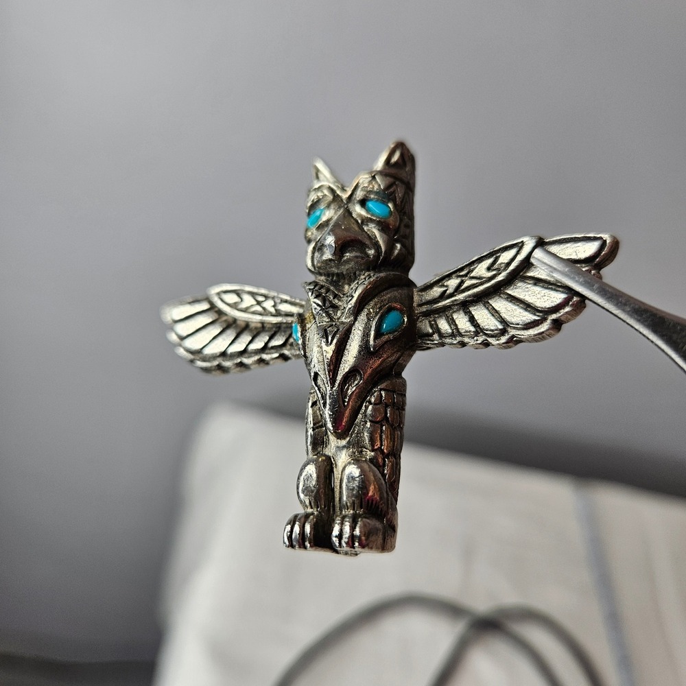 Vtg Bolo Tie Eagle Totem Silver Tone Turquoise Black Leather Braided Cord Native - Picture 7 of 8